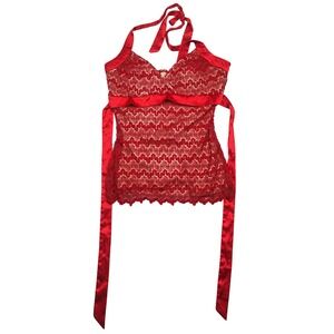 Studio Y Halter Top Women Large Red Metallic Lace Satin Tie ITM11067-80K Nylon